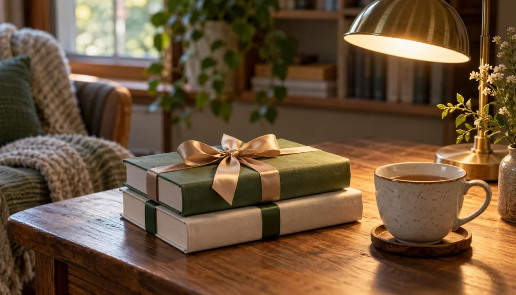 Two closed unmarked books wrapped with ribbon beside a ceramic tea cup and a reading lamp
