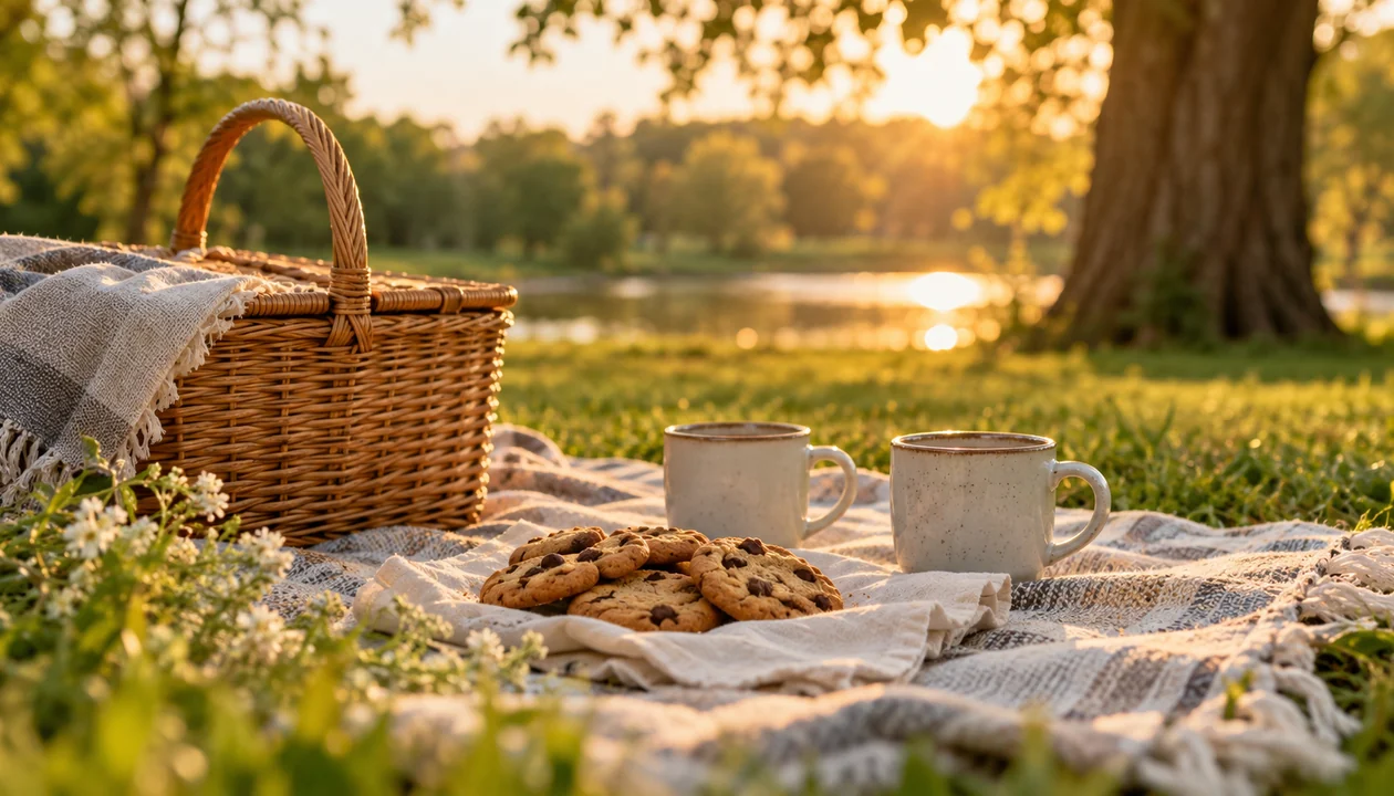 Homemade picnic with cookies and mugs on a blanket in a park
