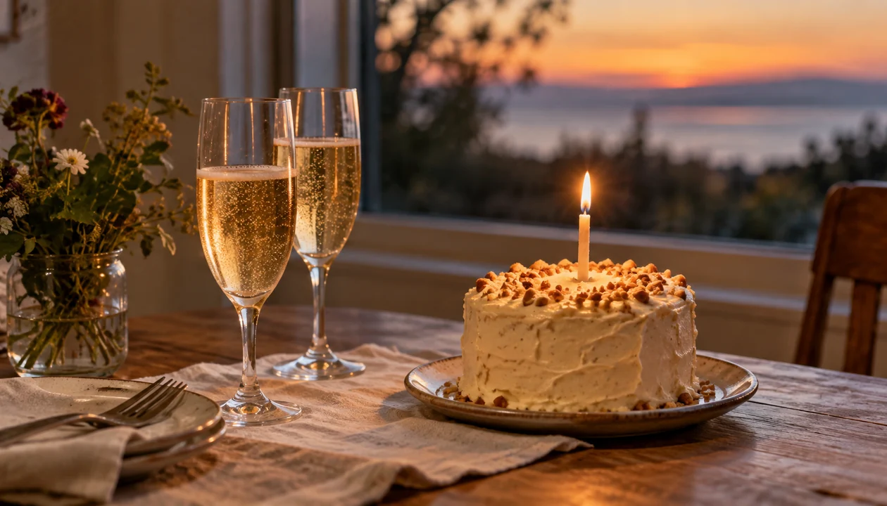 Small homemade anniversary cake with one candle and two glasses of cider