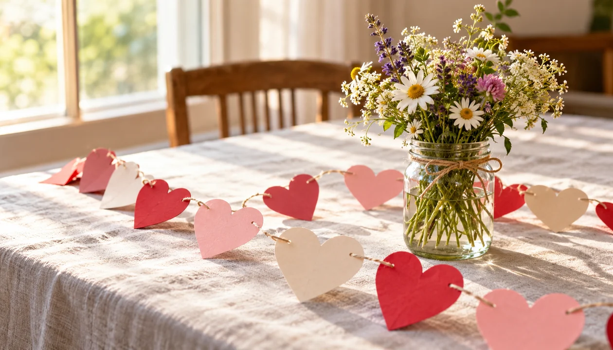 Handmade paper heart garland and wildflowers on a linen tablecloth