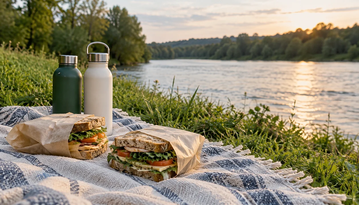 Simple picnic prepared beside a river