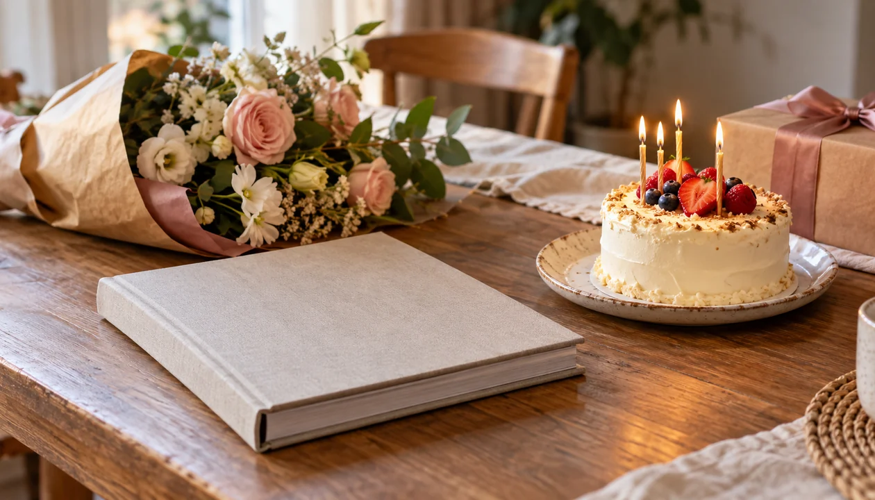 A closed memory album beside a small cake and a bouquet