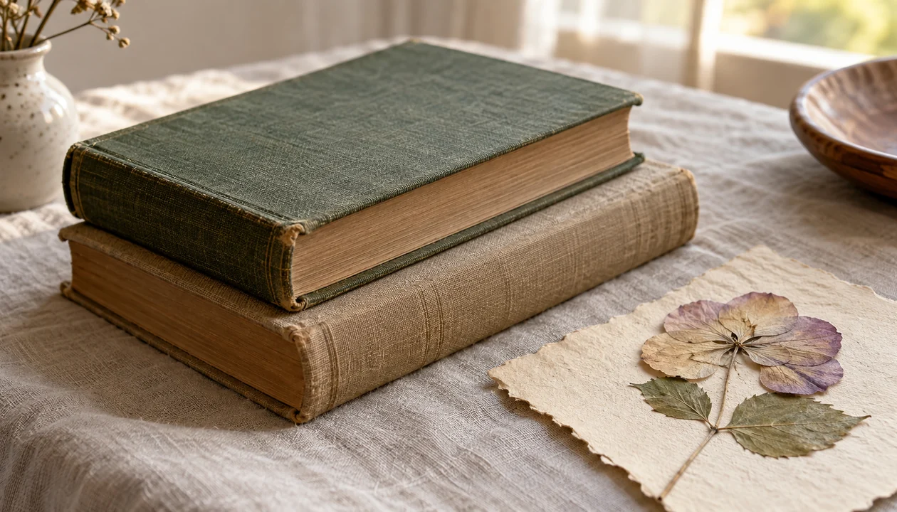 Two old closed clothbound books stacked beside a pressed flower on linen