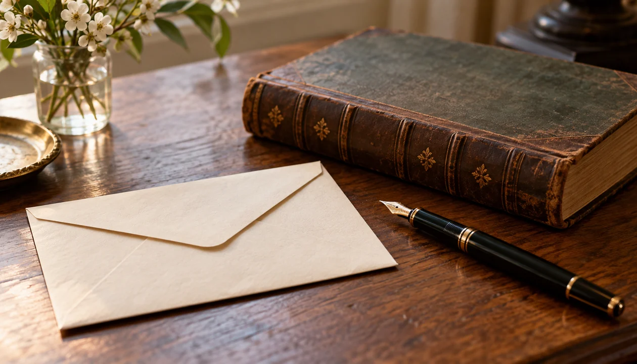 A plain envelope and a fountain pen beside a closed vintage book