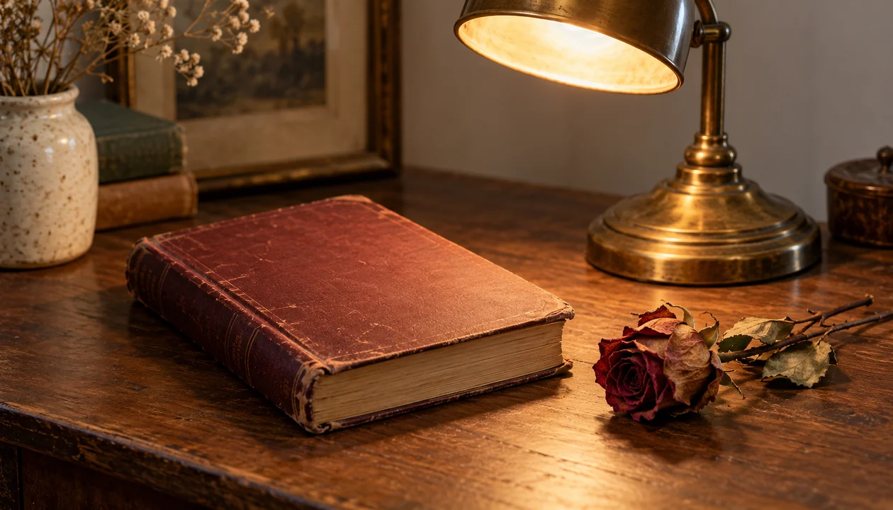 A worn closed poetry book beside a dried rose and a brass reading lamp