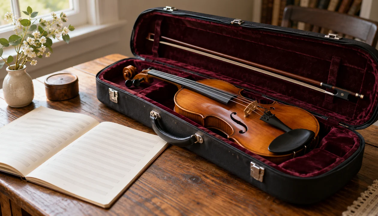 A violin resting safely in an open case beside a plain unmarked music folio