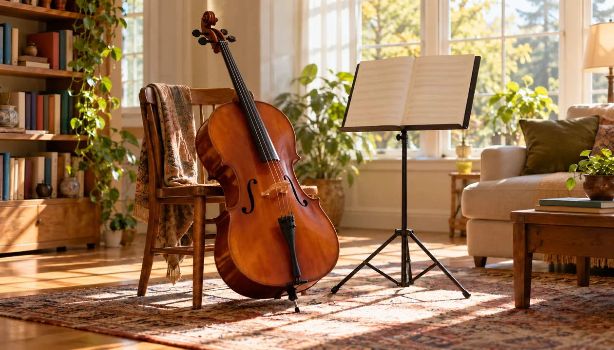 Cello leaning on a chair beside a music stand in a sunlit room
