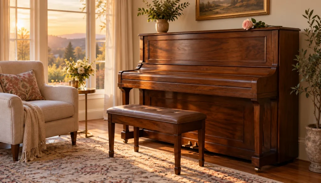 Walnut upright piano with its key cover closed and a matching bench in a sunlit living room