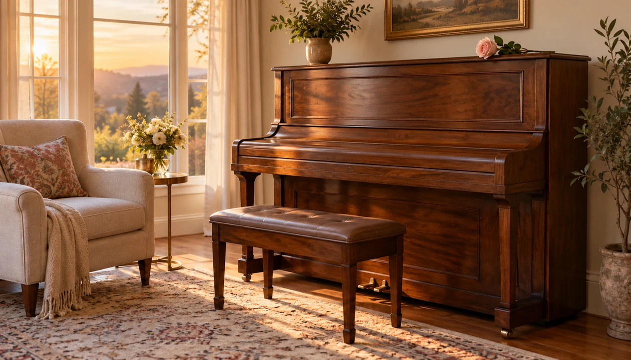 Walnut upright piano with its key cover closed and a matching bench in a sunlit living room