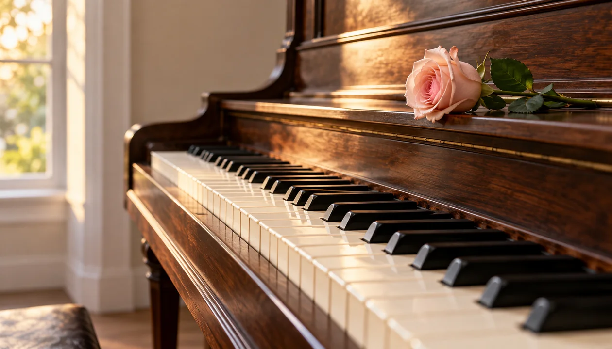 Blush rose resting above the keys of a walnut piano in warm window light