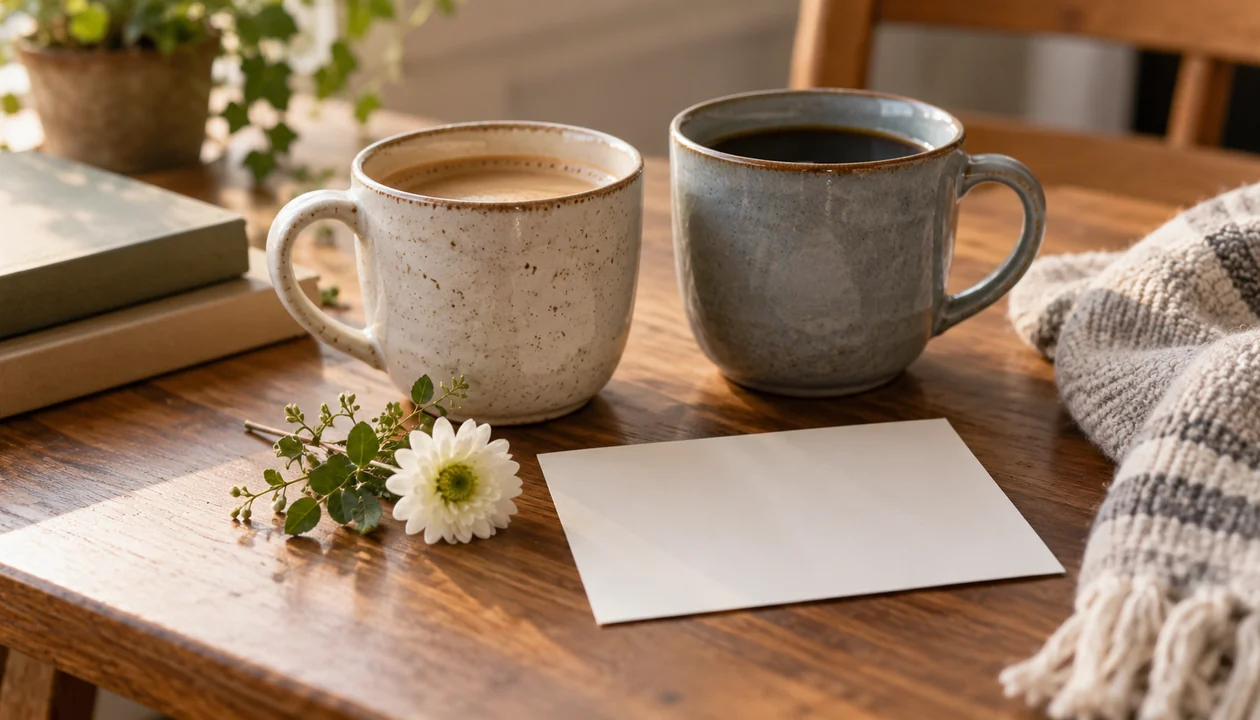 Two mugs beside a plain blank note card and a small flower