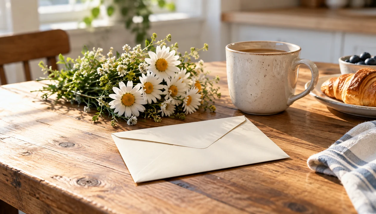 Sealed envelope and daisies prepared as a gesture of appreciation