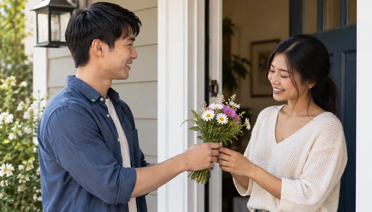 Couple sharing a small bunch of flowers at home