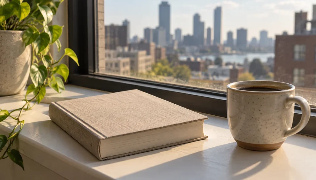 A closed linen-bound paperback and a coffee cup on an apartment windowsill