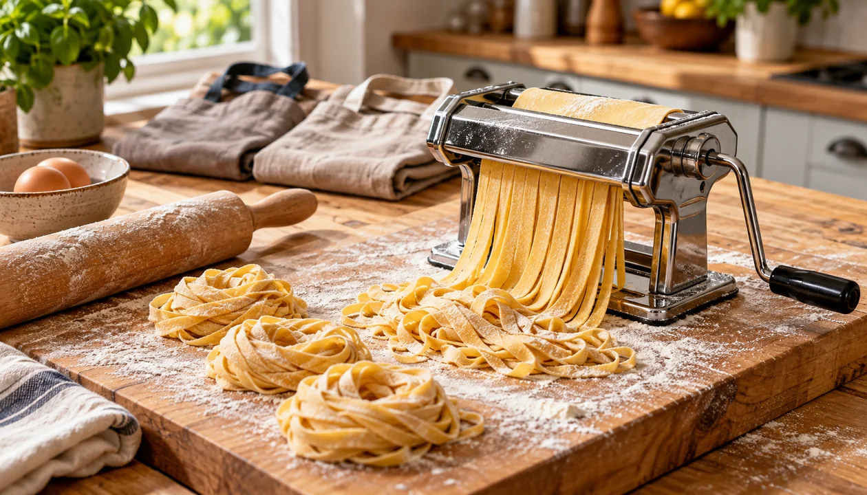 Fresh pasta at a shared cooking class workstation with two linen aprons