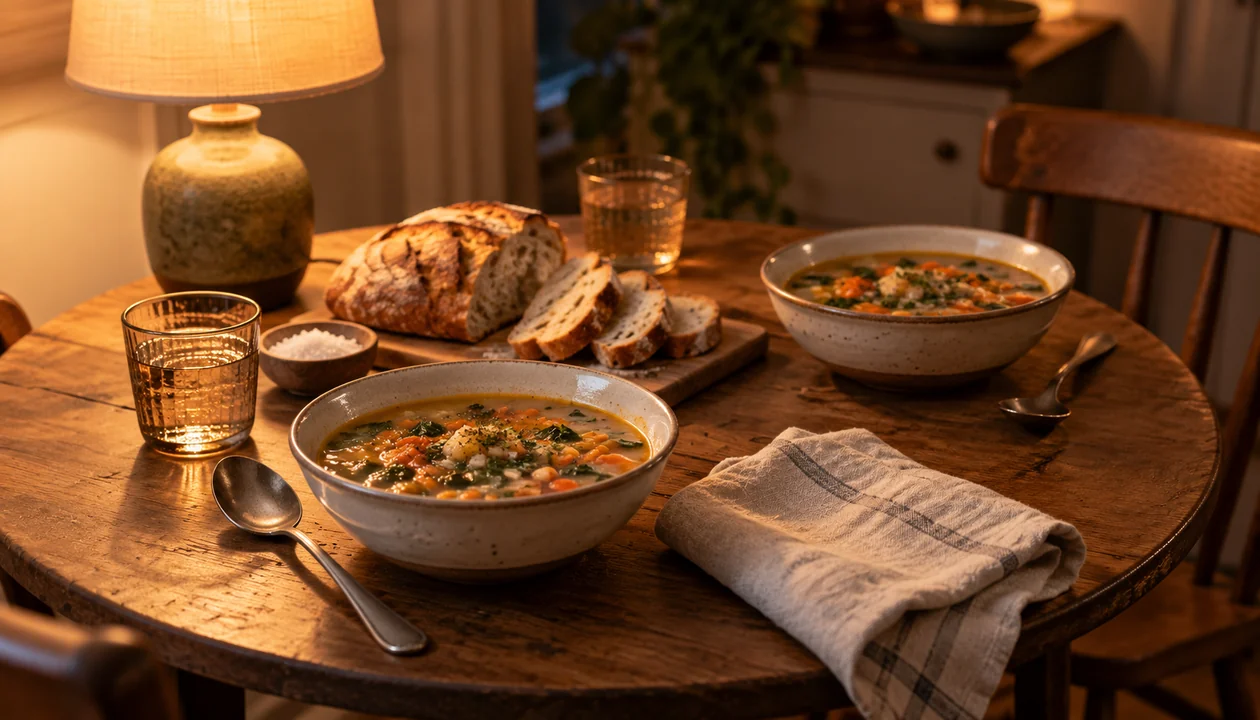 Homemade soup and bread prepared for an evening together