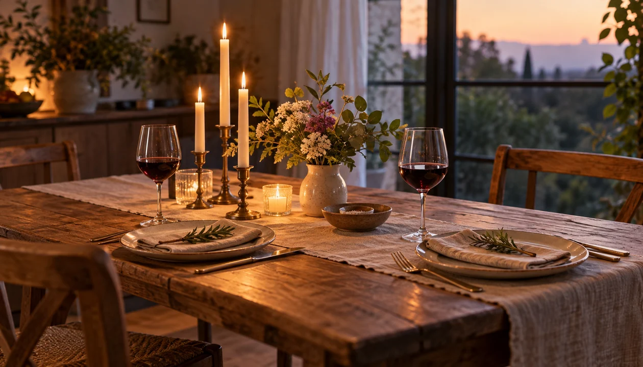 Candlelit dinner table for two with taper candles and garden flowers at home