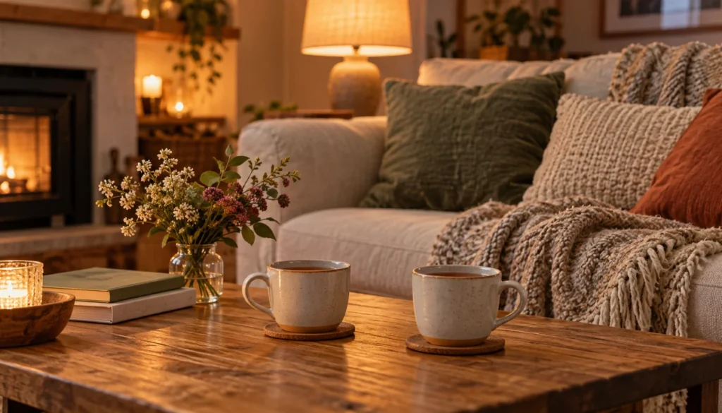 A cozy living room with two tea cups, a wool throw and a small vase of flowers