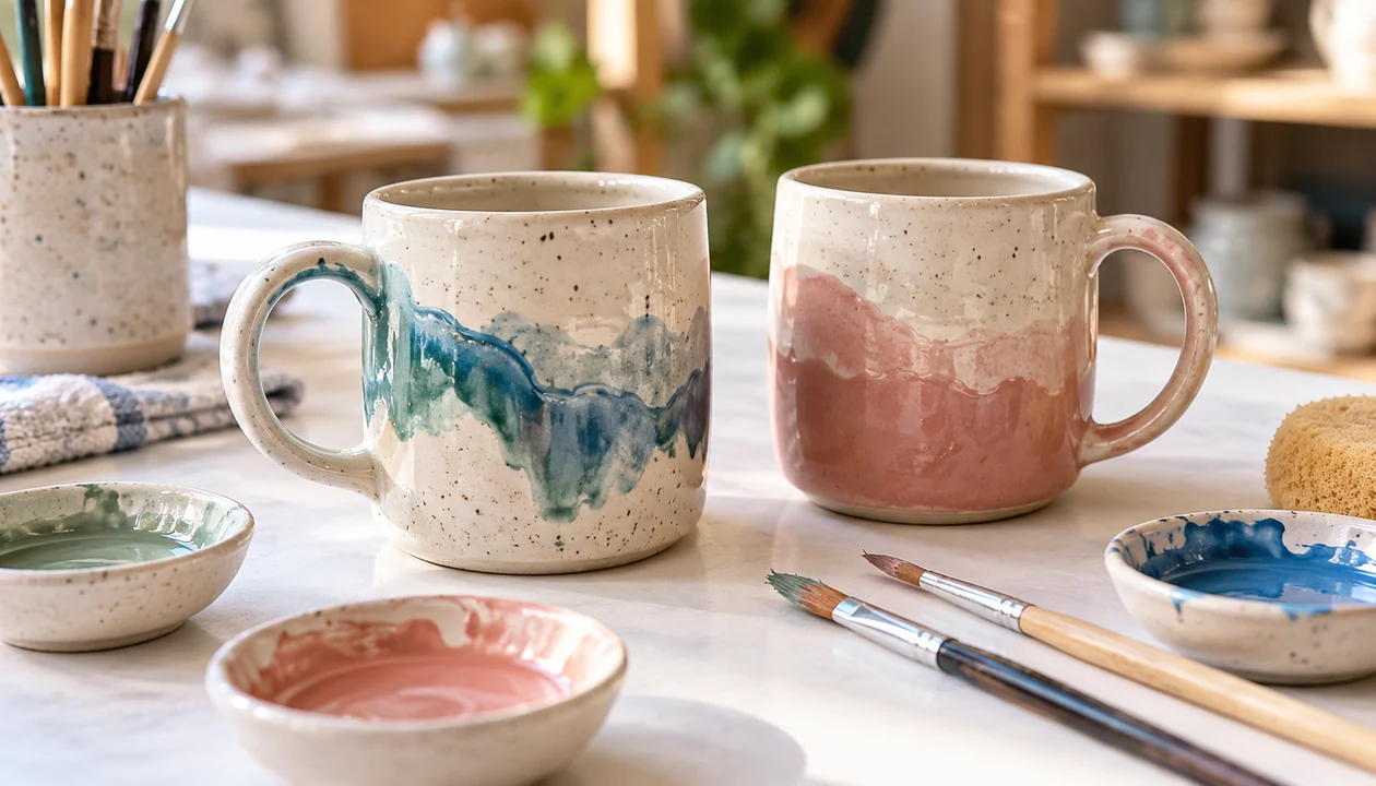 Ceramic mugs and brushes ready for a pottery painting date