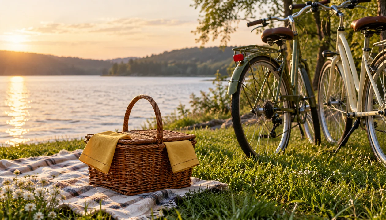 Picnic basket and bicycles beside a lake