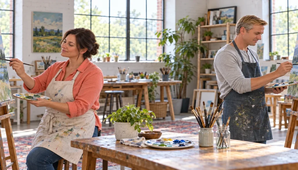 Couple painting at separate easels in an art studio