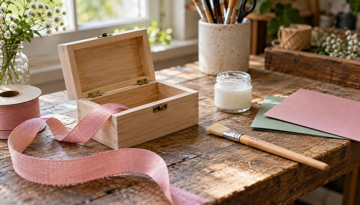 Wooden keepsake box and supplies for making a homemade gift