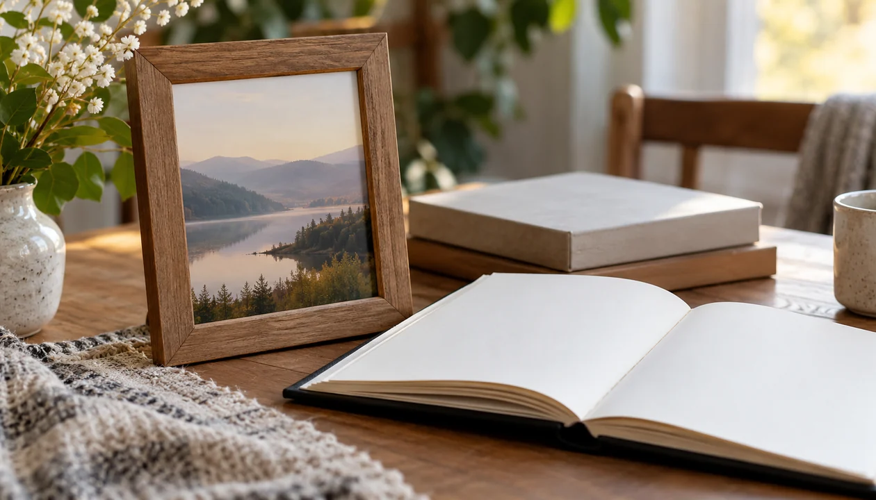 A simple wooden photo frame with a softly blurred landscape beside an open blank photo album