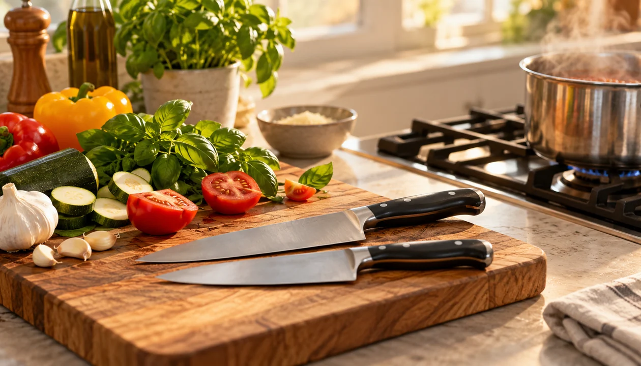 Cutting board with fresh vegetables and basil ready for a couples cooking class