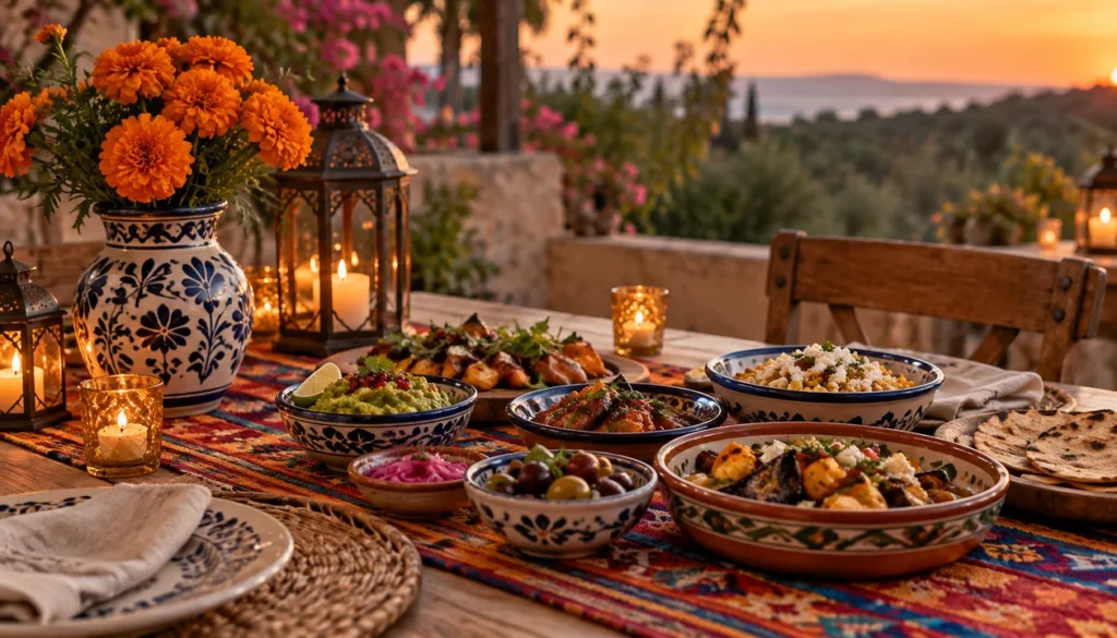 Table set with shared dishes, patterned cloth and lanterns for a cultural celebration