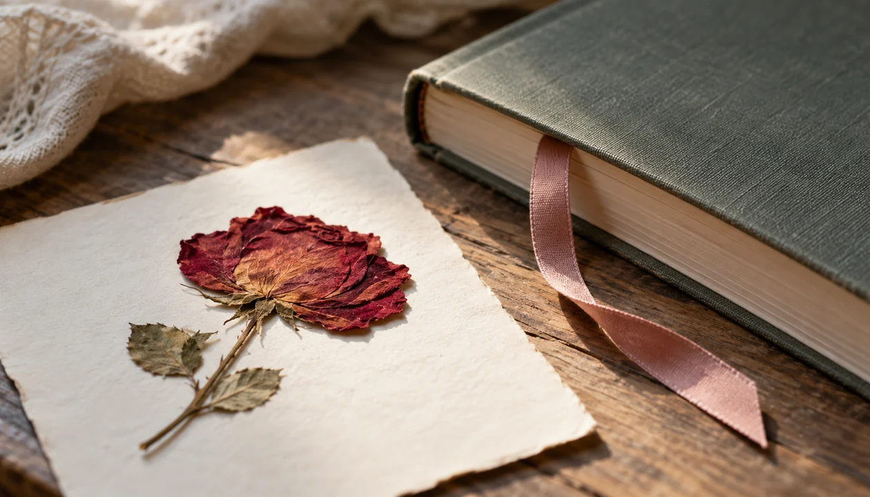 A pressed rose and a plain ribbon bookmark beside a closed book