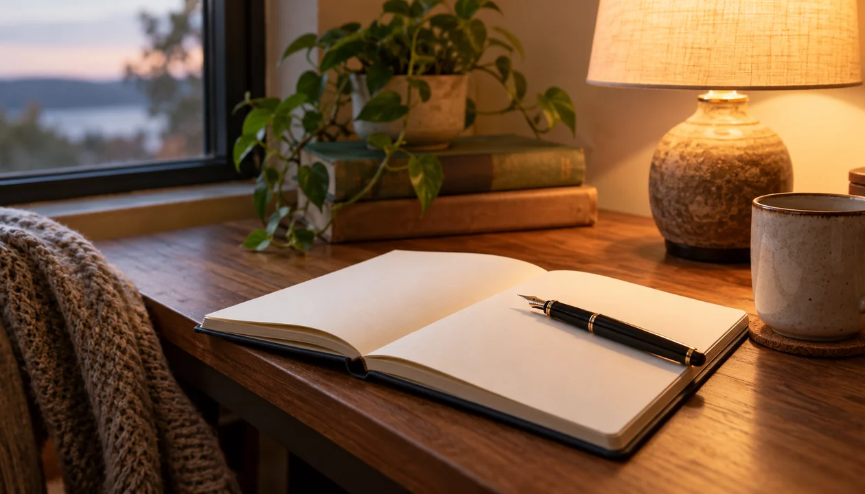 A solitary fountain pen and blank notebook beside a softly glowing reading lamp