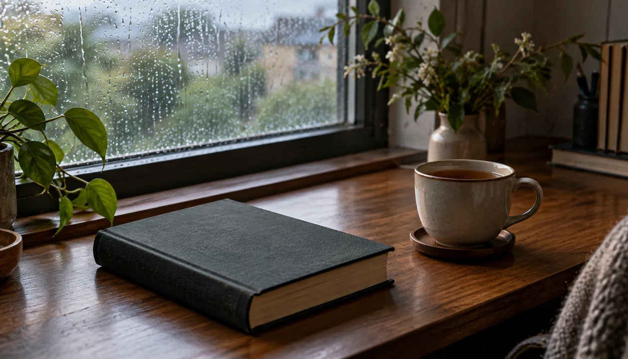A dark clothbound book beside a tea cup on a quiet desk by a rain-speckled window