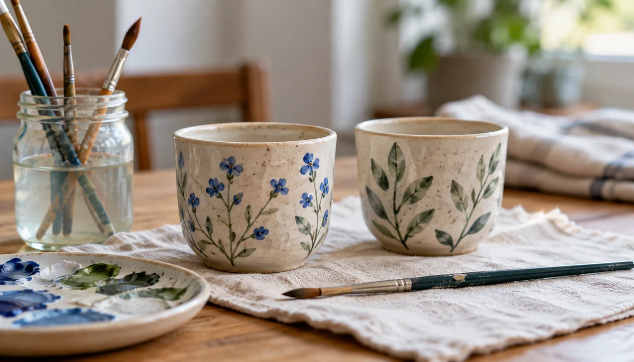 Two small hand-painted ceramic cups drying beside brushes