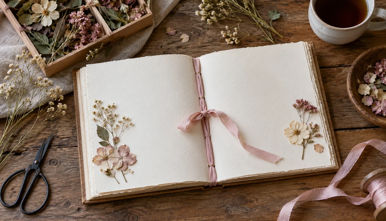 A blank handmade album with ribbon binding and dried flowers