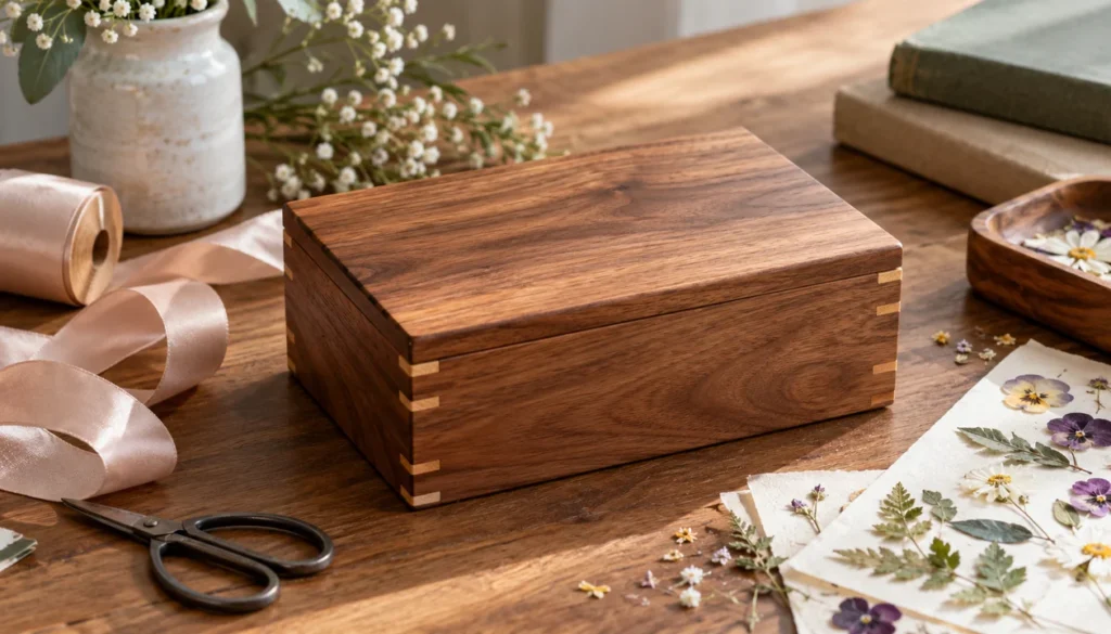 A handmade wooden keepsake box beside a ribbon and pressed flowers