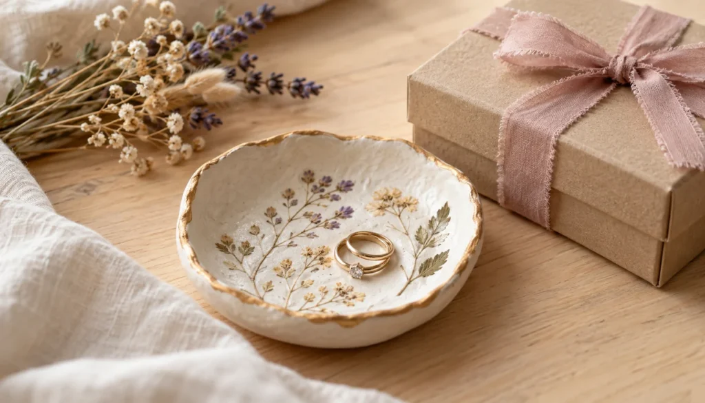 A handmade clay trinket dish and dried flowers beside a small gift box