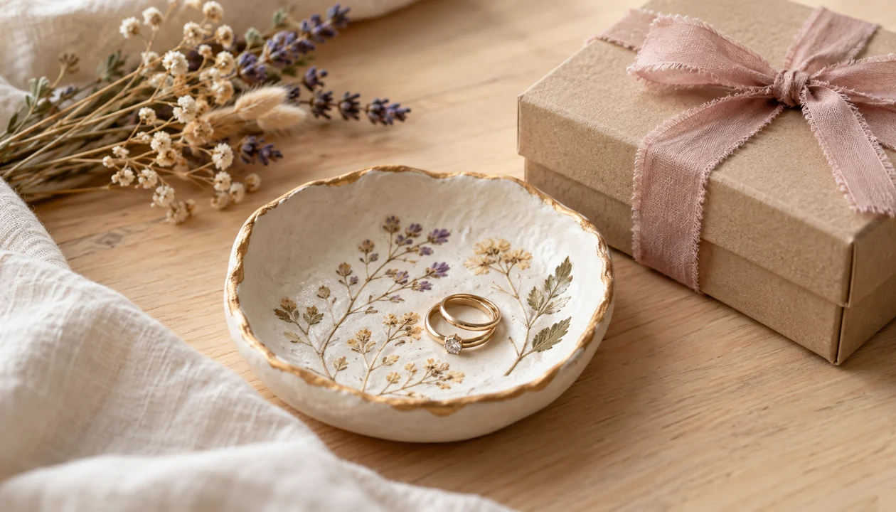A handmade clay trinket dish and dried flowers beside a small gift box
