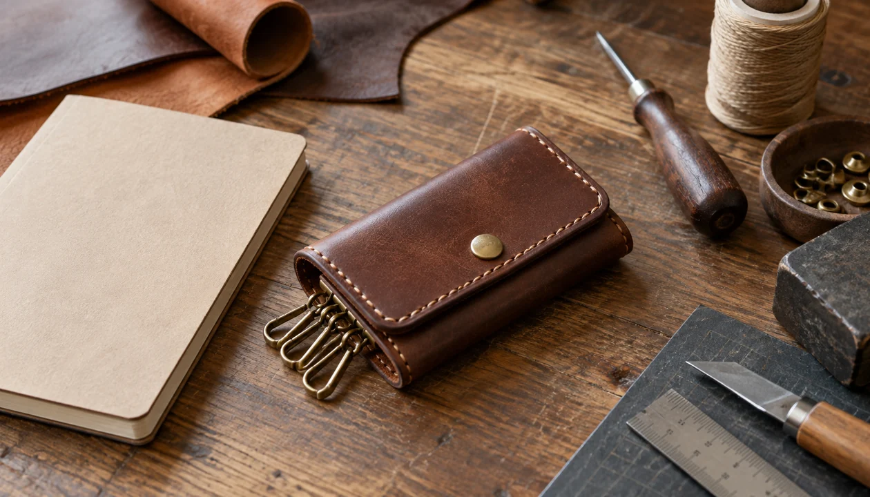 A hand-stitched leather key holder beside a plain notebook and crafting tools