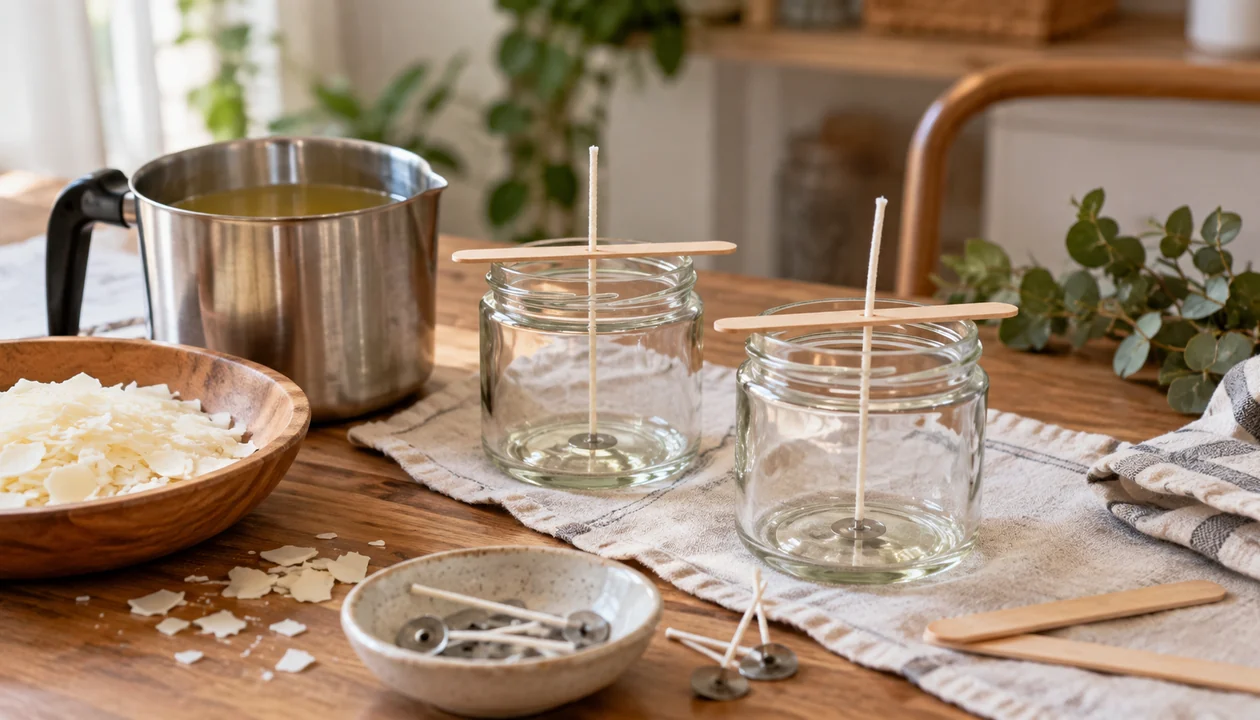 A tidy candle-making setup with two glass jars, soy wax and cotton wicks