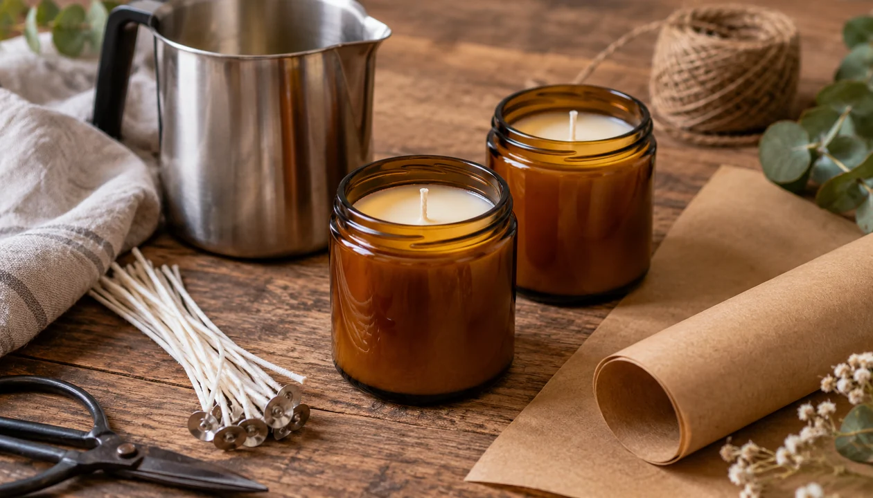 Handmade candles and supplies for a DIY gift project