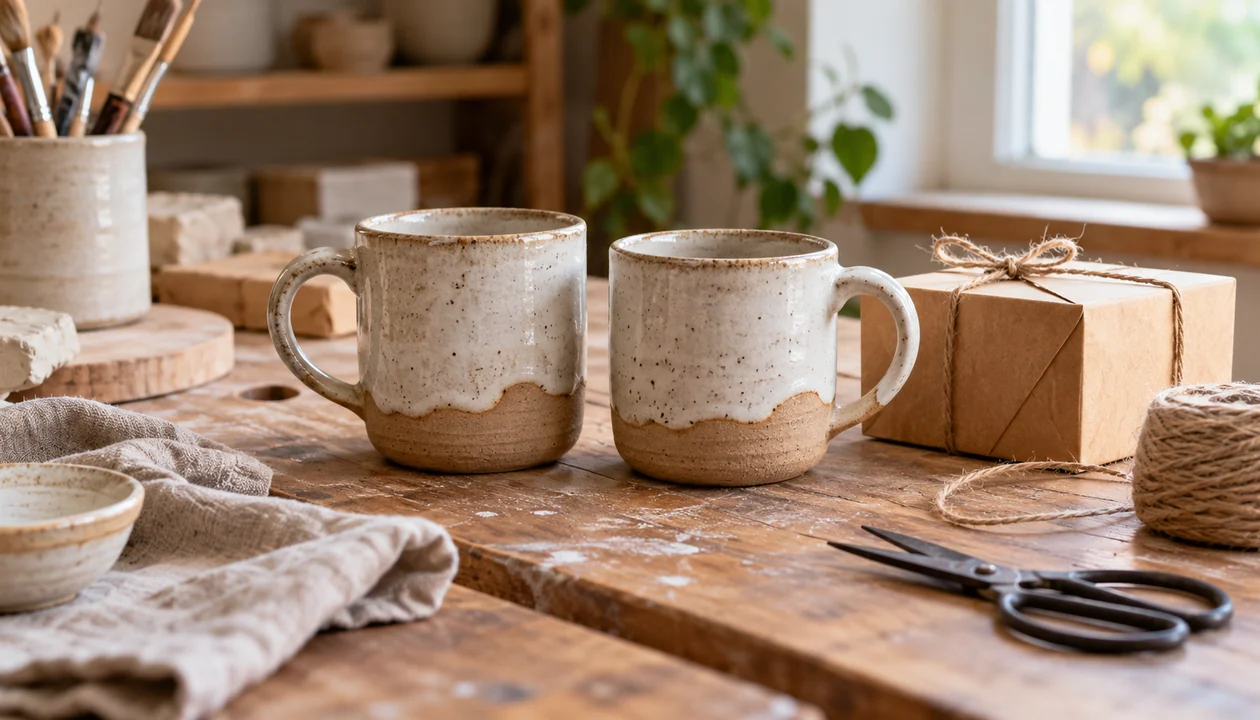 Two matching handmade ceramic mugs beside crafting materials and a small gift box