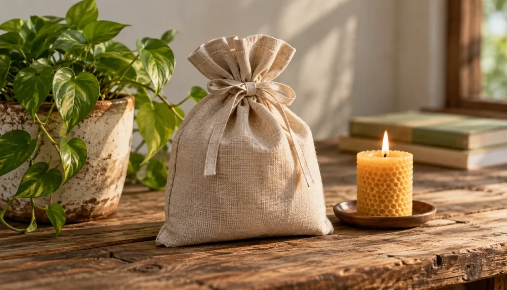 A reusable linen gift bag, a potted plant and a beeswax candle on reclaimed wood