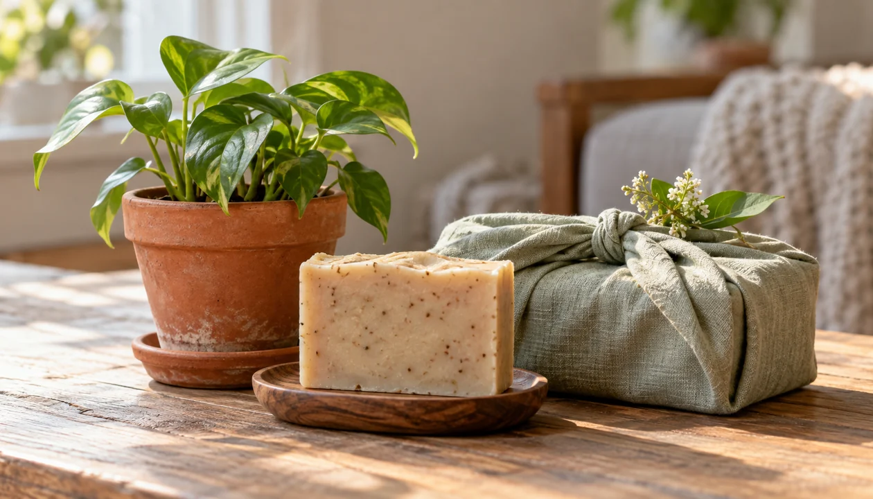 A small terracotta plant beside a handmade soap bar and reusable cloth wrap