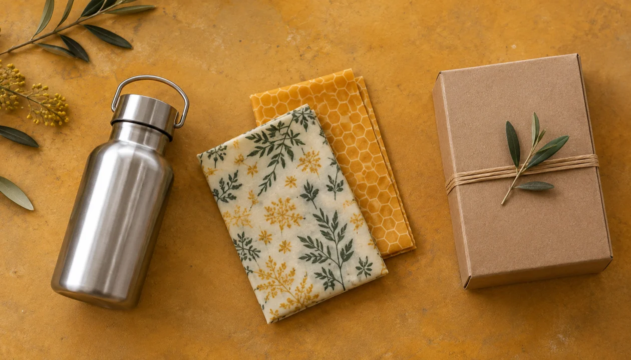 Beeswax wraps and a reusable bottle beside a gift box