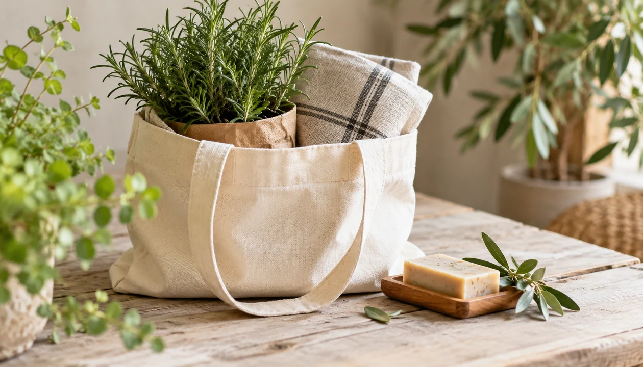 Reusable tote with a potted herb, linen and natural soap