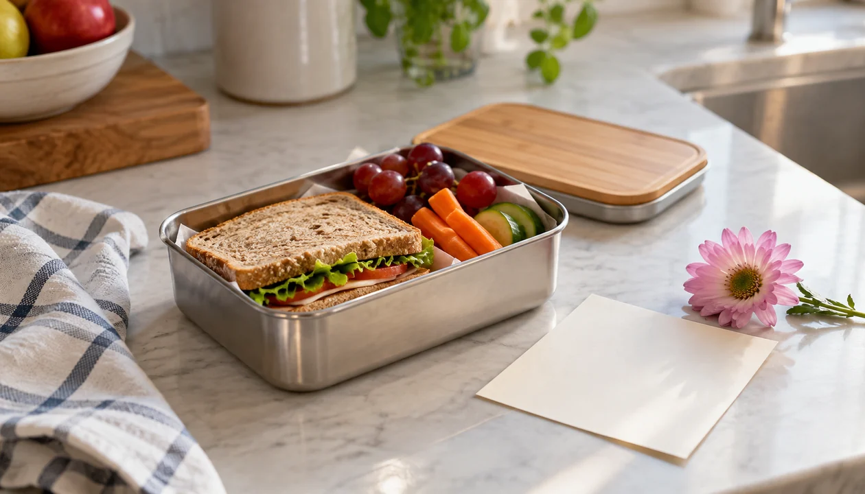 A packed homemade lunch beside a blank note and a single flower