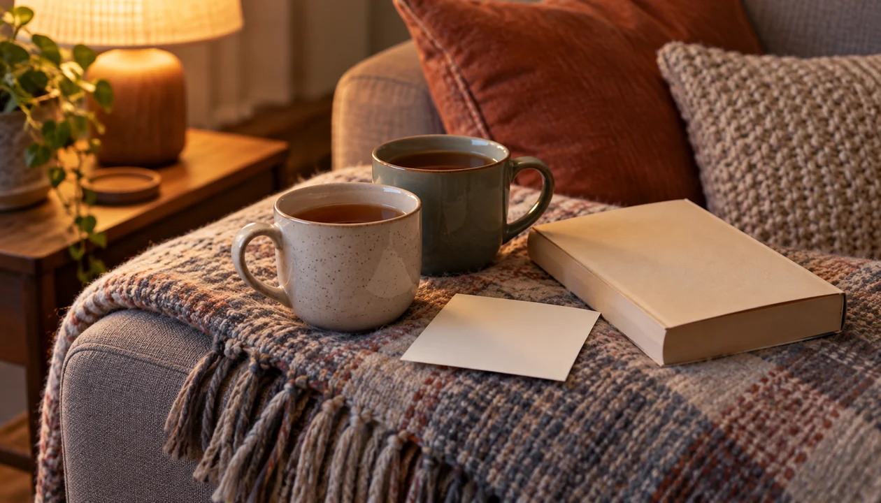 Two mugs of tea and a blank note on a sofa beside a paperback and folded blanket