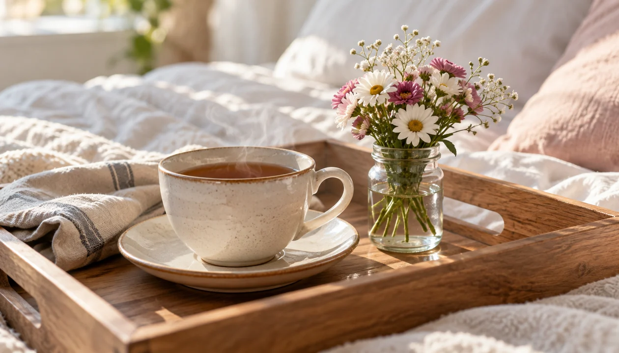 A cup of tea and a small jar of flowers waiting on a breakfast tray