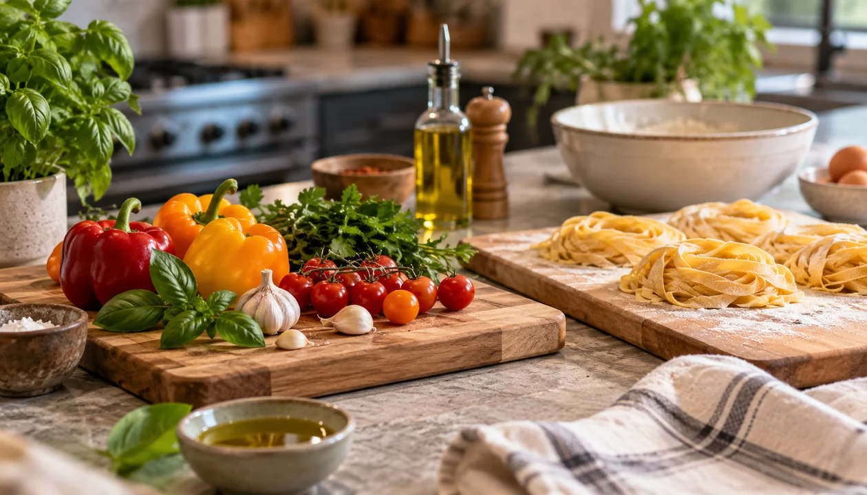 Two workstations prepared for a shared cooking lesson