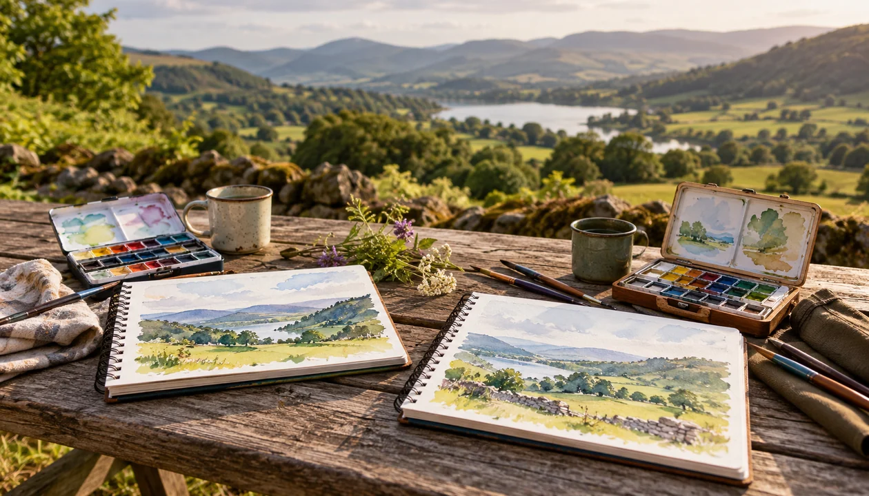Watercolor kits and sketchbooks ready for an outdoor art lesson
